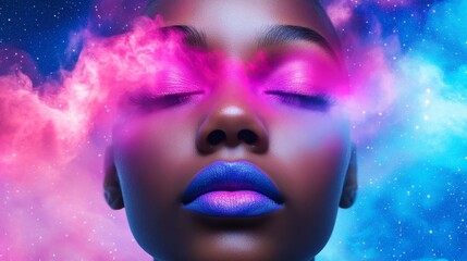 Celestial Beauty: A Woman's Face Adorned with Cosmic Dust - Close-up of a black woman's face with eyes closed, featuring vibrant pink and blue makeup resembling cosmic nebulae