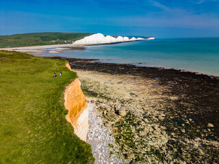 Aerial drone view over the famous, white cliffs of The Seven Sisters Dover, south England.