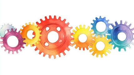 Colorful Gears Teamwork Innovation - Symbolizing collaboration, progress, diversity, interconnectedness, and achievement through teamwork. Watercolor gears