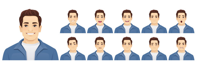 Set of young handsome man wearing blue shirt with different facial expressions. Vector illustration isolated