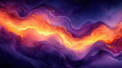 Obraz premium Vibrant abstract background showcasing swirling colors of purple, orange, and yellow in a digital art style. The design presents fluid shapes that mimic liquid or smoke movement on a smooth surface.