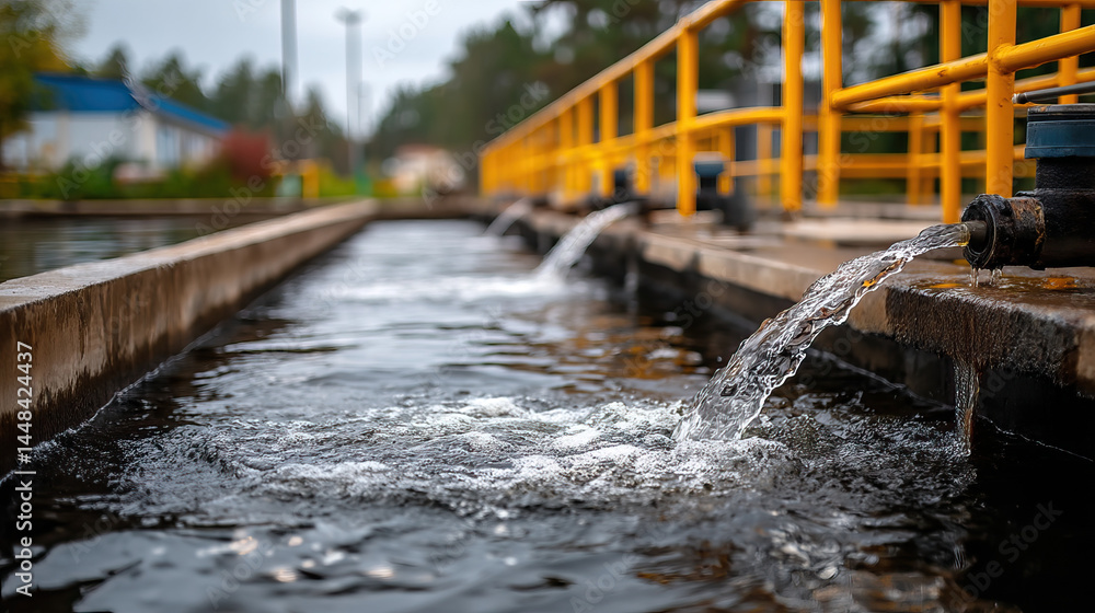 Aufkleber water flowing from pipes into treatment basin with yellow railings and blurred background creating c