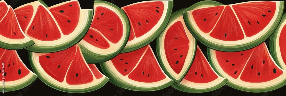 Poster vibrant seamless pattern featuring watermelon slices arranged symmetrically in rich red and green co