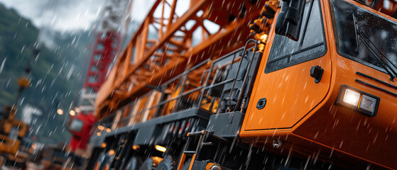 Rainy construction site with orange crane truck and heavy machinery working in wet weather