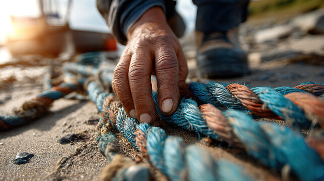 Hand of volunteer kneeling on sandy beach reaching for tangled blue and orange rope with worn texture - Powered by Adobe