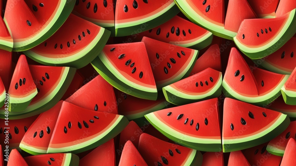 Poster seamless pattern of watermelon slices arranged in a balanced design featuring rich red color and gre