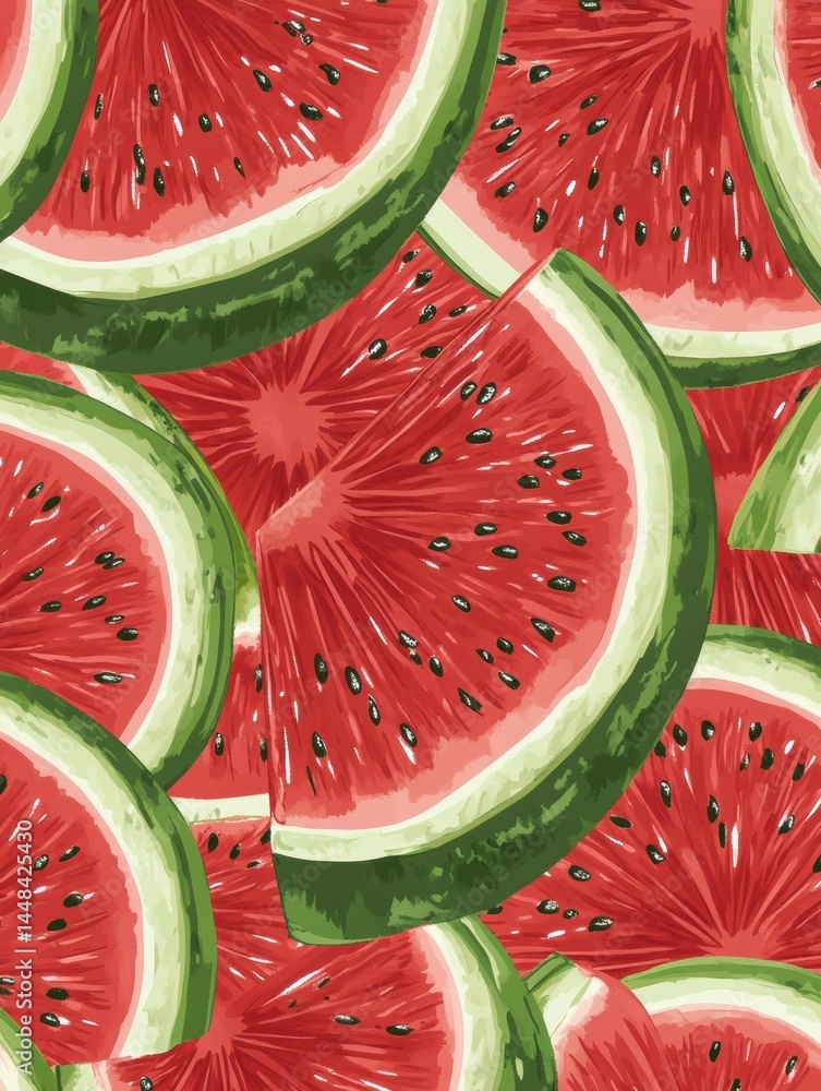 Poster seamless pattern of juicy watermelon slices arranged symmetrically with a focus on rich reds and vib