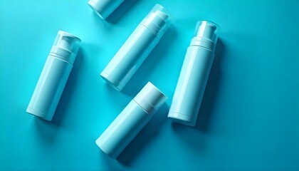 Fototapeta premium top view of roll on and spray bottles of deodorant on blue background