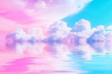 Obraz premium Dreamy Pink and Blue Sky Reflection - Serene landscape, pastel sky, fluffy clouds mirrored in calm water, symbolizing peace, tranquility, hope, dreams, and serenity