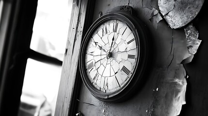 Aged, cracked clock on a weathered wall.