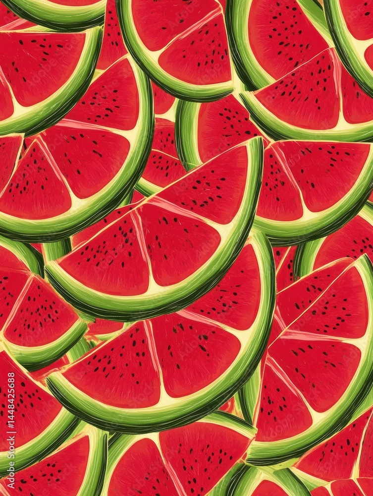 Poster seamless pattern of watermelon slices in vibrant red and green with a golden ratio arrangement for a