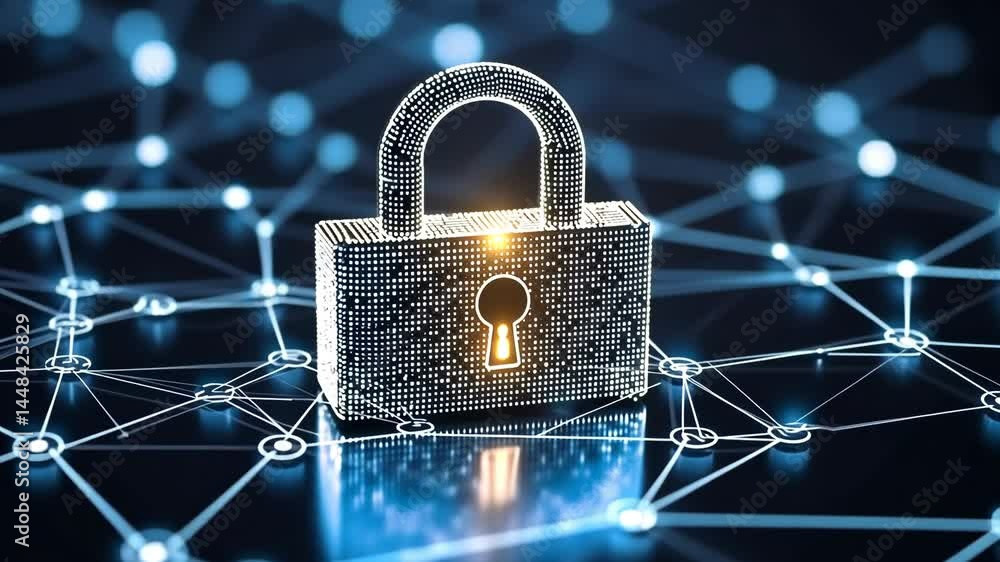 Aufkleber digital security transformation: glowing padlock on network connection