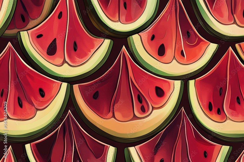 Poster seamless pattern of watermelon slices arranged symmetrically with rich red color and green rind crea