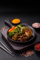 Food bowl with tofu, quinoa, broccoli and carrots, microgreens