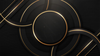 Modern Graphic Element with Rounded Geometric Shapes. Gold and Black Luxury Background, Vector Illustration