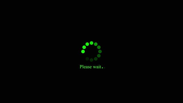 Green loading circle animation with please wait message on black background