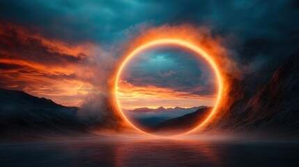 A stunning visual of a fiery circular portal emerges in the sky, framed by dramatic mountain peaks and vibrant sunset colors, symbolizing a gateway to endless possibilities and adventures.