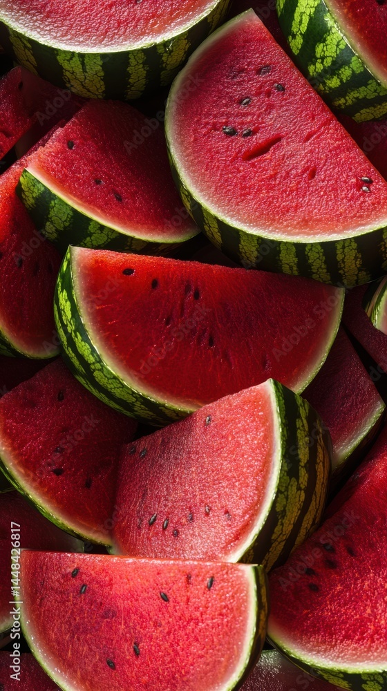 Poster seamless pattern of watermelon slices arranged with golden ratio for balanced design in vibrant red 