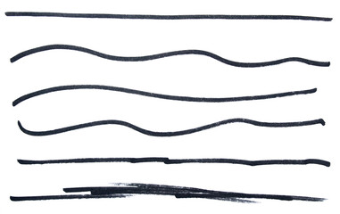 Set of black hand drawn marker pen stroke line transparent background design element doodle scribble underline