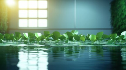 Naklejka premium Serene Water Surface with Green Lily Pads in Bright Room