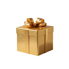 Golden gift box, shiny metallic texture, square shaped, gold ribbon bow, elegant present, festive, celebration, isolated on white background
