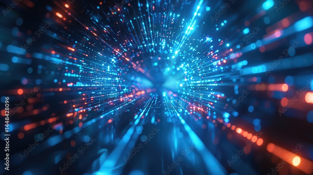 Poster sparkling laser beam effect dash with high-speed shine and emit colorful light on dark background co