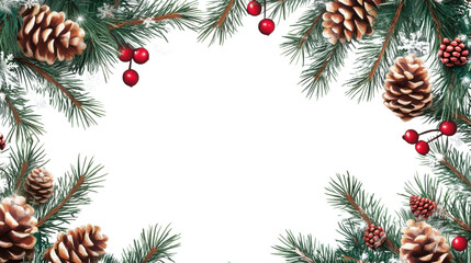 christmas frame with fir branches and cones isolated on  white background 
