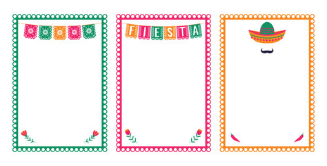 Set of vector frames with festive flags, flowers, sambrero, mustache, chili pepper. Mexican fiesta - festive frame, social media story. Design element for banner, poster, text box.