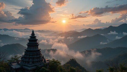 Majestic temple atop misty mountain range at sunset.  Towering structure amidst a sea of clouds.  Golden sun setting behind layered hills