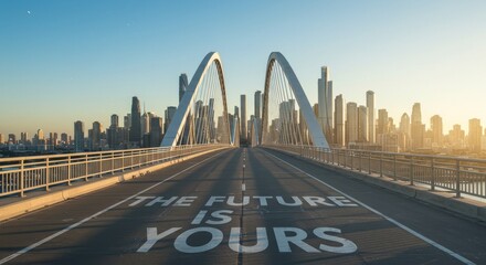 Bridge to the Future: A Cityscape Vision - Hope, progress, ambition, opportunity, and success are symbolized in this of a bridge leading to a modern city with "The Future is Yours" painted on the road