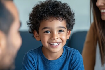A bilingual child switching between two languages while talking to parents, cultural fusion, warm home setting