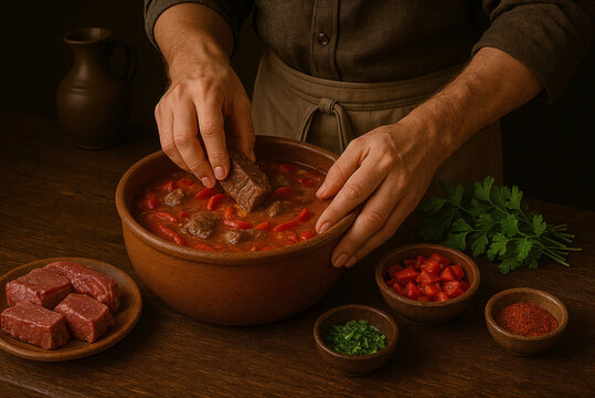 Preparing Traditional Georgian Ostri Stew with Beef and Spices