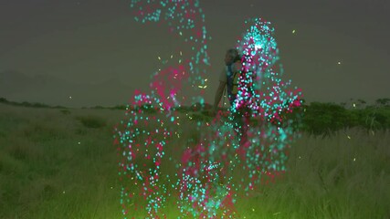 Male hiker exploring meadow at dusk, using technology overlay with floating data particles - Powered by Adobe