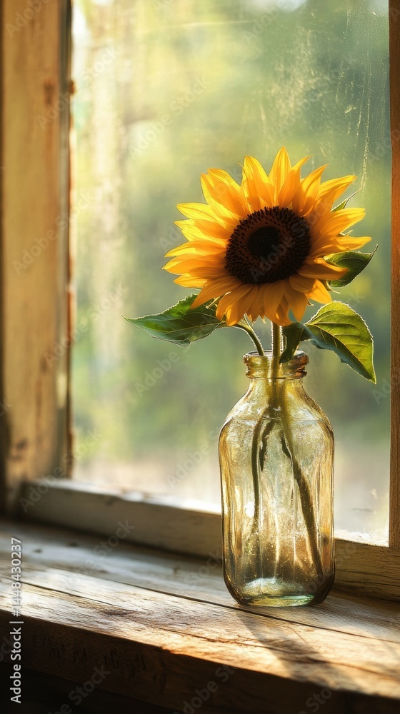 Poster sunflower in vase on rustic wooden table with soft sunlight illuminating its vibrant petals and crea