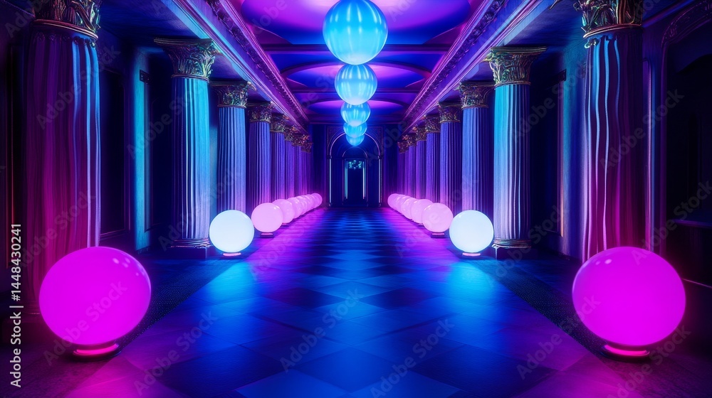 Poster luminous hallway of light - glowing orbs illuminate a grand hallway with classical columns, creating