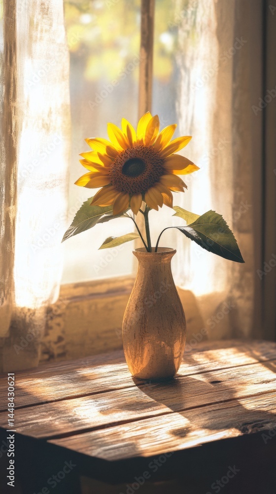 Poster sunflower in a rustic vase on a wooden table illuminated by soft sunlight from a nearby window