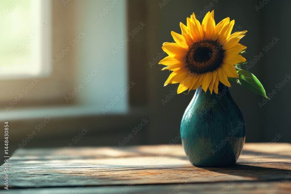 Poster sunflower in a vintage vase on a rustic wooden table illuminated by gentle sunlight streaming throug