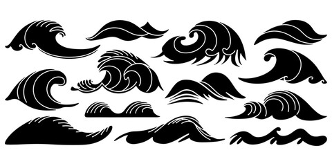 Fototapeta premium Stylized black wave illustrations, isolated element set vector illustration.