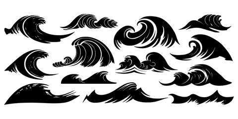 Fototapeta premium Stylized black wave illustrations, isolated element set vector illustration.