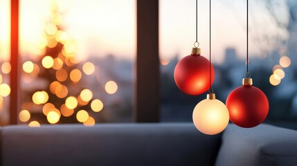 Red festive decorations hanging in a cozy living room, creating a warm and joyful atmosphere.