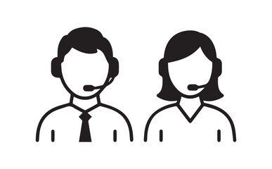 Customer Support Icons , Male and Female Call Center Vector Illustrations , Vector outline illustration of customer assistant in headphones with microphone