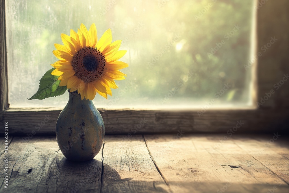 Aufkleber single sunflower in a rustic vase on a wooden table with soft sunlight shining through a window, cre