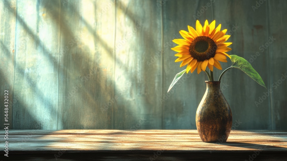 Poster sunflower elegantly displayed in a rustic vase on a wooden table, illuminated by soft sunlight break