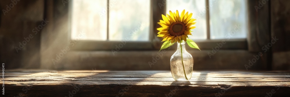 Aufkleber sunflower in a vase on a rustic wooden table with soft sunlight filtering through a window creating 