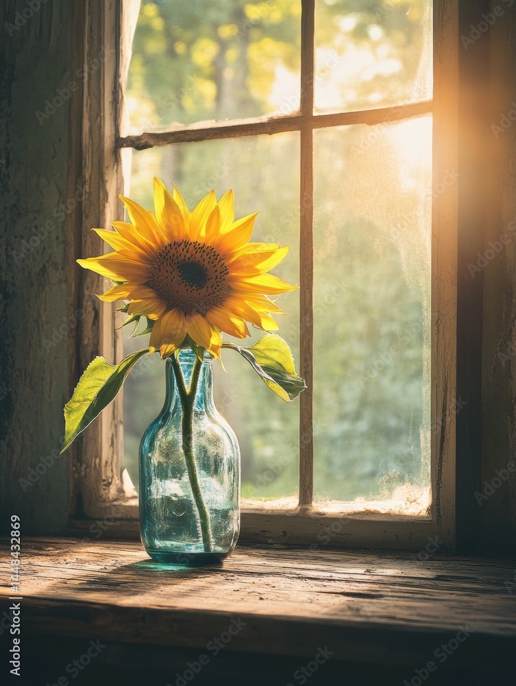 Poster sunflower in vase on rustic wooden table with soft sunlight filtering through window