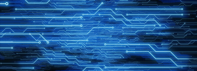 Blue circuit board background depicting hi-tech digital data connections and electronic design for modern technology and system integration. 3D render