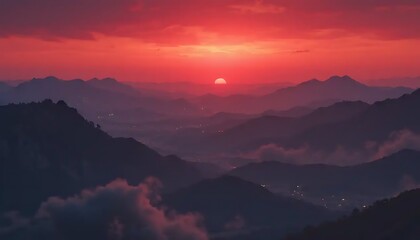 Fototapeta premium Crimson Horizon: Majestic Mountain Ridges Bathed in the Radiant Glow of Sunset