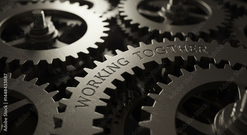 Poster interlocking gears: a symphony of collaboration - symbolizing teamwork, synergy, precision, efficien
