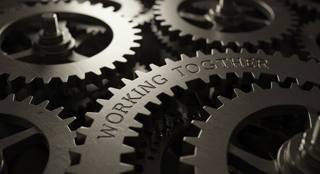 Interlocking Gears: A Symphony of Collaboration - Symbolizing teamwork, synergy, precision, efficiency, and progress through interconnected gears working in harmony