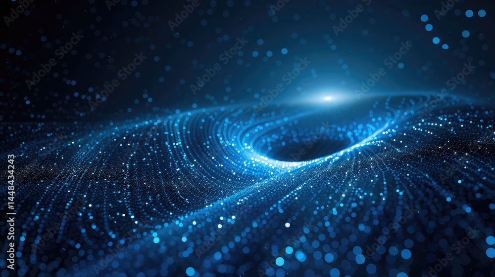 Poster Abstract picture micro light sparkling particle represent data flow vivid flowing wave with high tech background, create digital effect scene perfect for energetic and fantasy wallpaper design. AIG53.